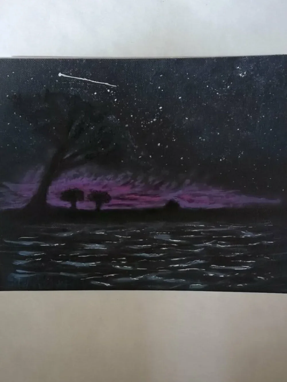 Celestial Night Landscape Art Print 8x10 Hand Embellished Vintage Marbled Frame